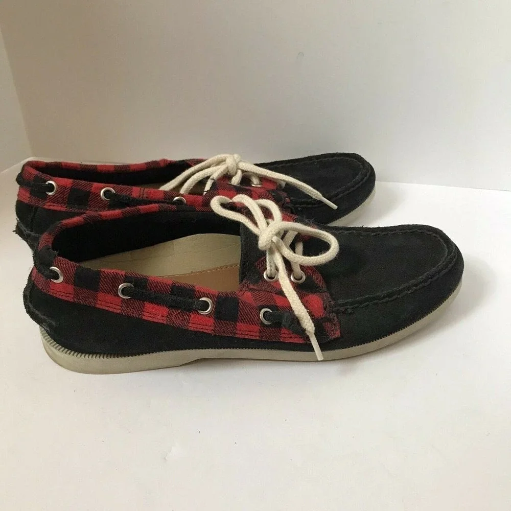 GH Bass Montauk Mens 7.5 M Black Suede Red Buffalo Plaid Boat Shoes‎ 2304-618